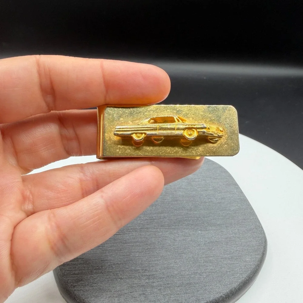 Gold Tone Classic Car Money Clip Raised Automobile Motif Collectible Mens Gift